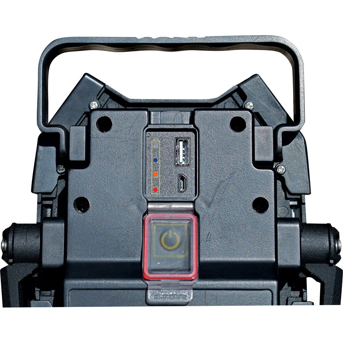 Back view of a black electronic device with ports and buttons on a white background