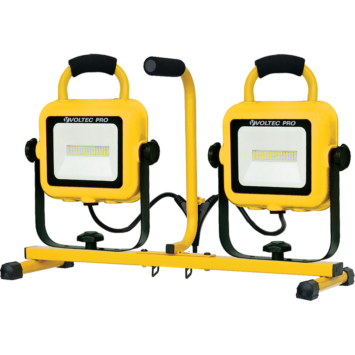 Two yellow Voltec Pro flood lights on a stand with white background