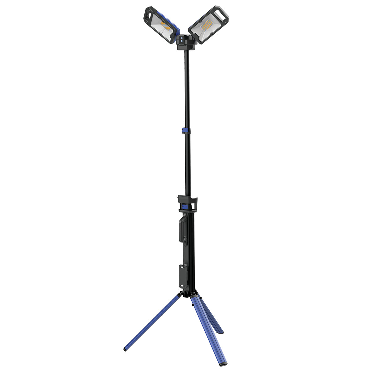A portable LED work light with a black tripod base and silver-colored lights on top.