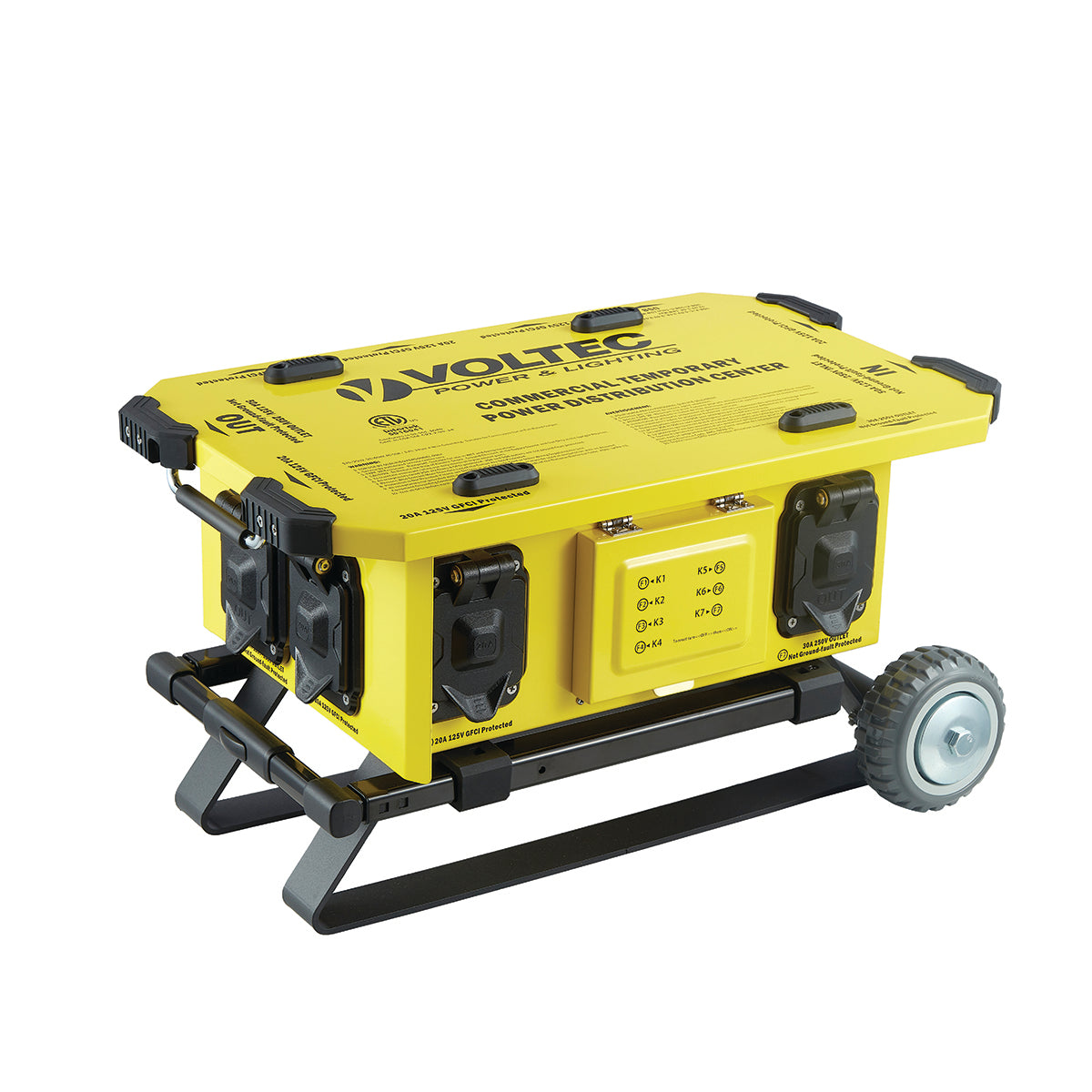 Voltec 6 GFCI Temporary Power Box with U-Ground T-Slot Outlets and Built in Wheel Base – Portable Jobsite Power Distribution