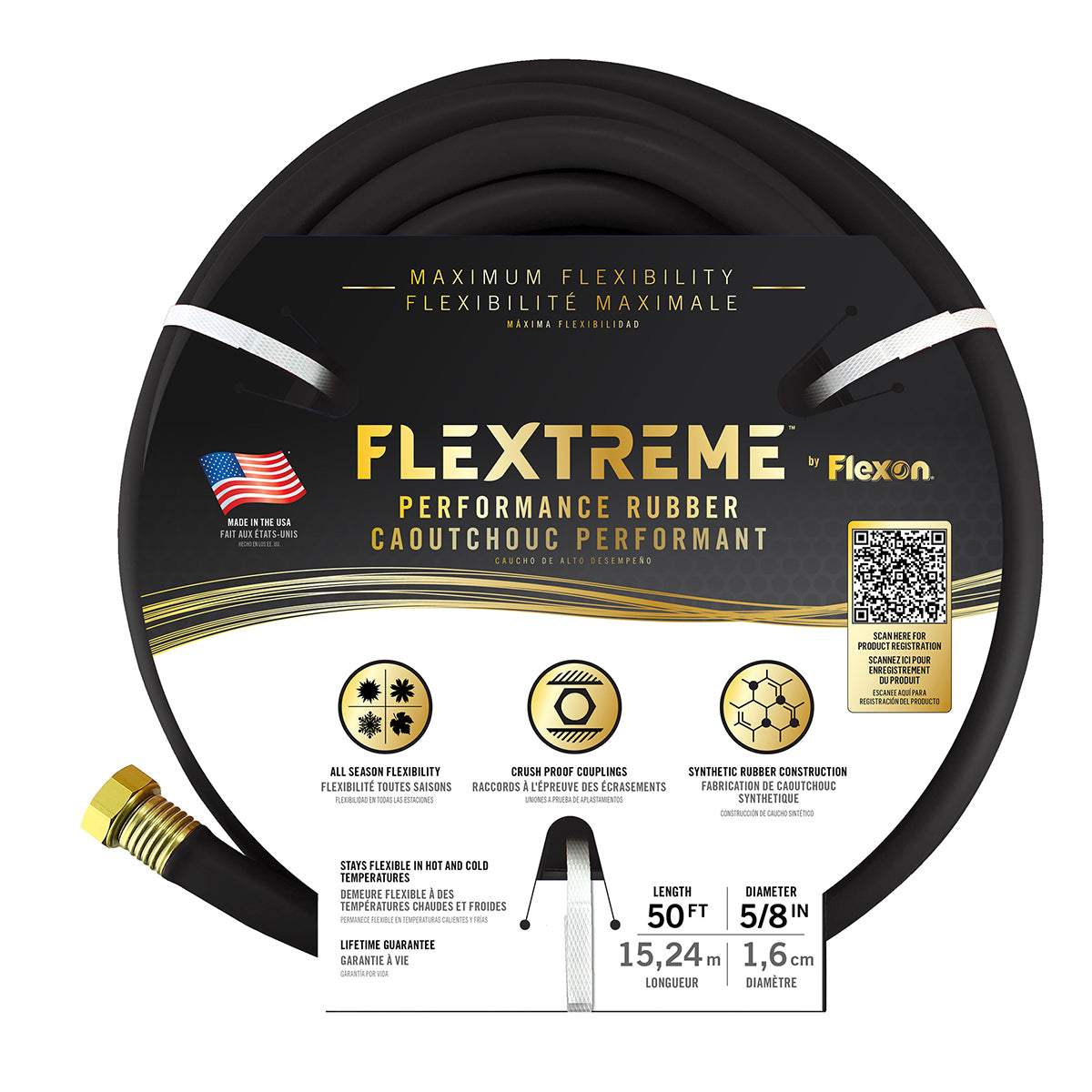 Flexon Flextreme 5/8" Synthetic Performance Rubber Garden Hoses – Lightweight, All-Weather Flexibility, Heavy-Duty, Kink-Resistant, Solid Brass Couplings, Watering Hose