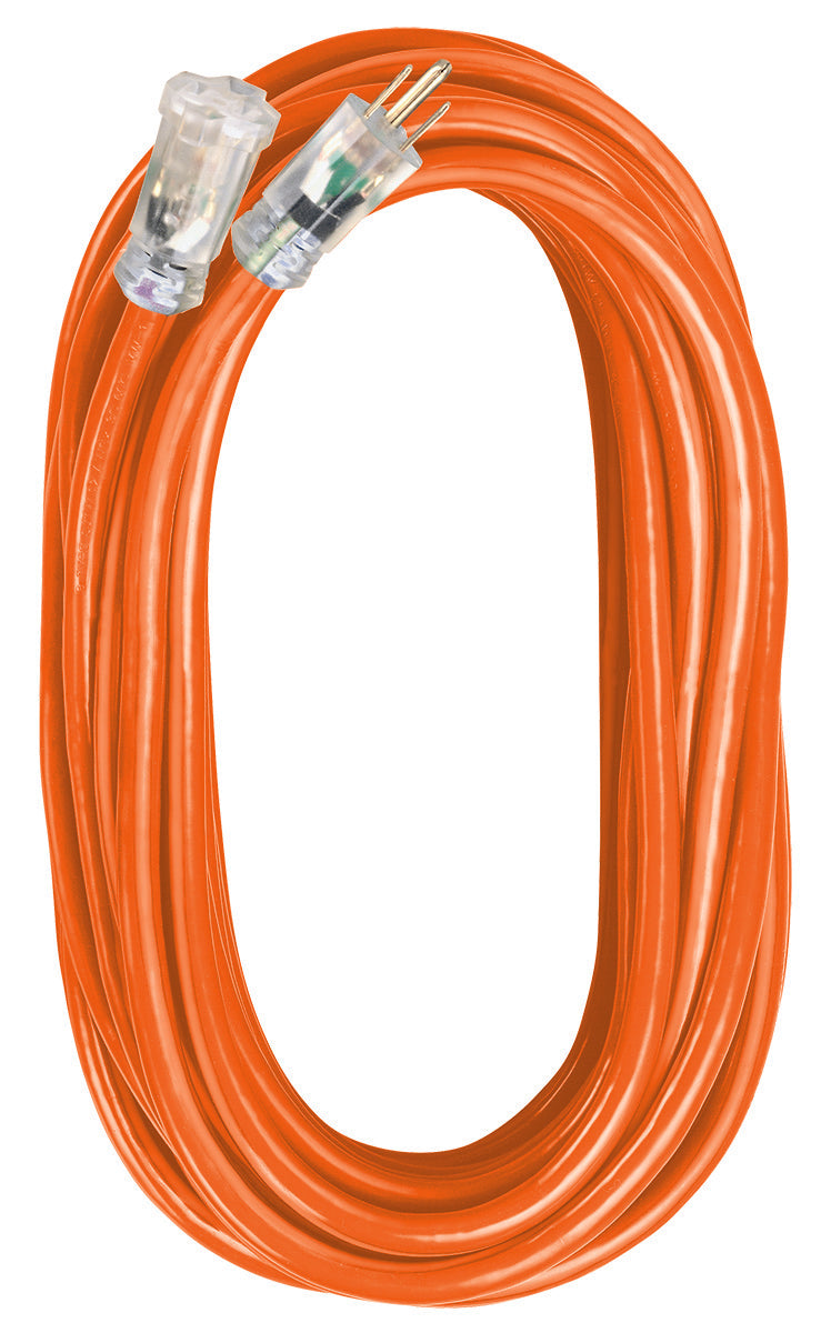 An orange outdoor extension cord with a lighted end and a plug on one end and a receptacle on the other.