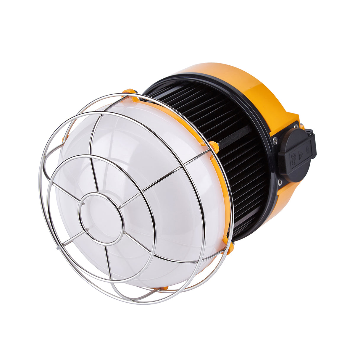 Portable LED area light with a yellow and black housing, equipped with a metal hook and a power cord.