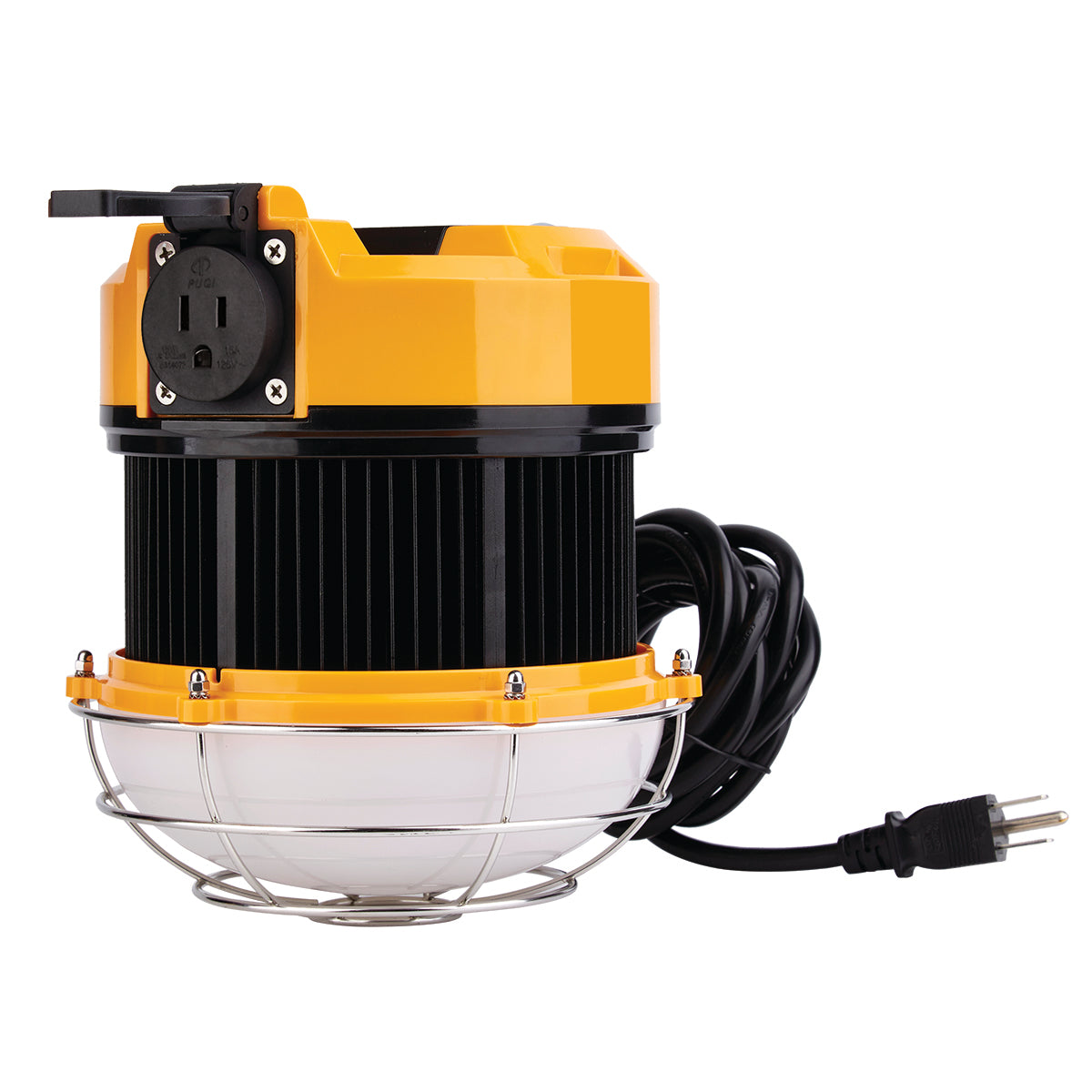 Industrial floodlight with orange and black design on a white background