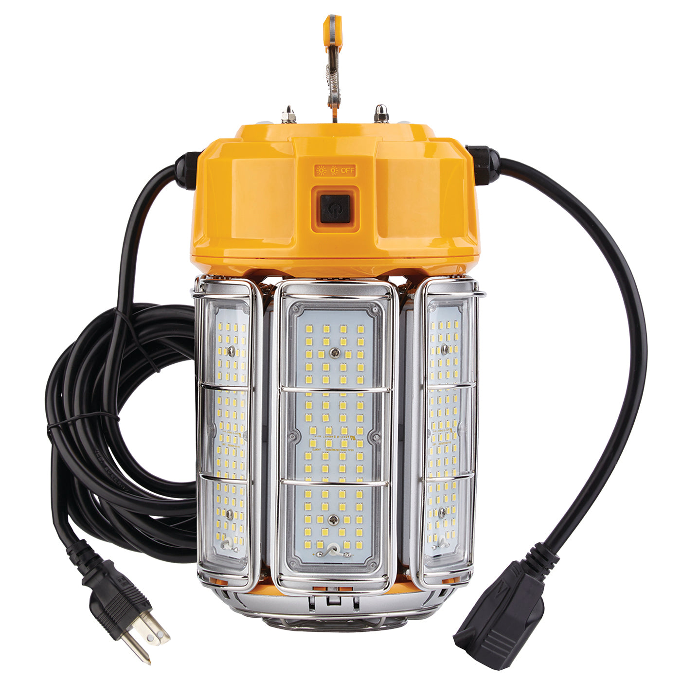 Orange industrial pendant light with black cord on a white background