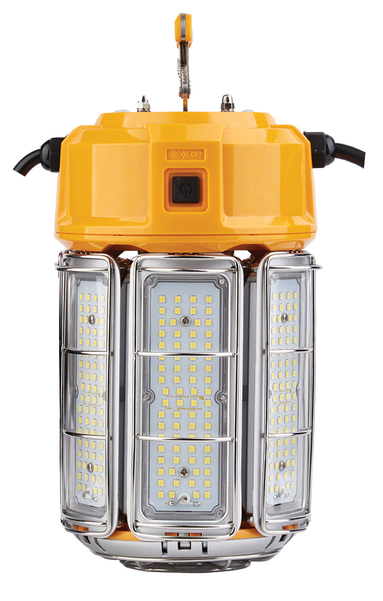 Orange industrial ceiling light with multiple LED lights on a white background