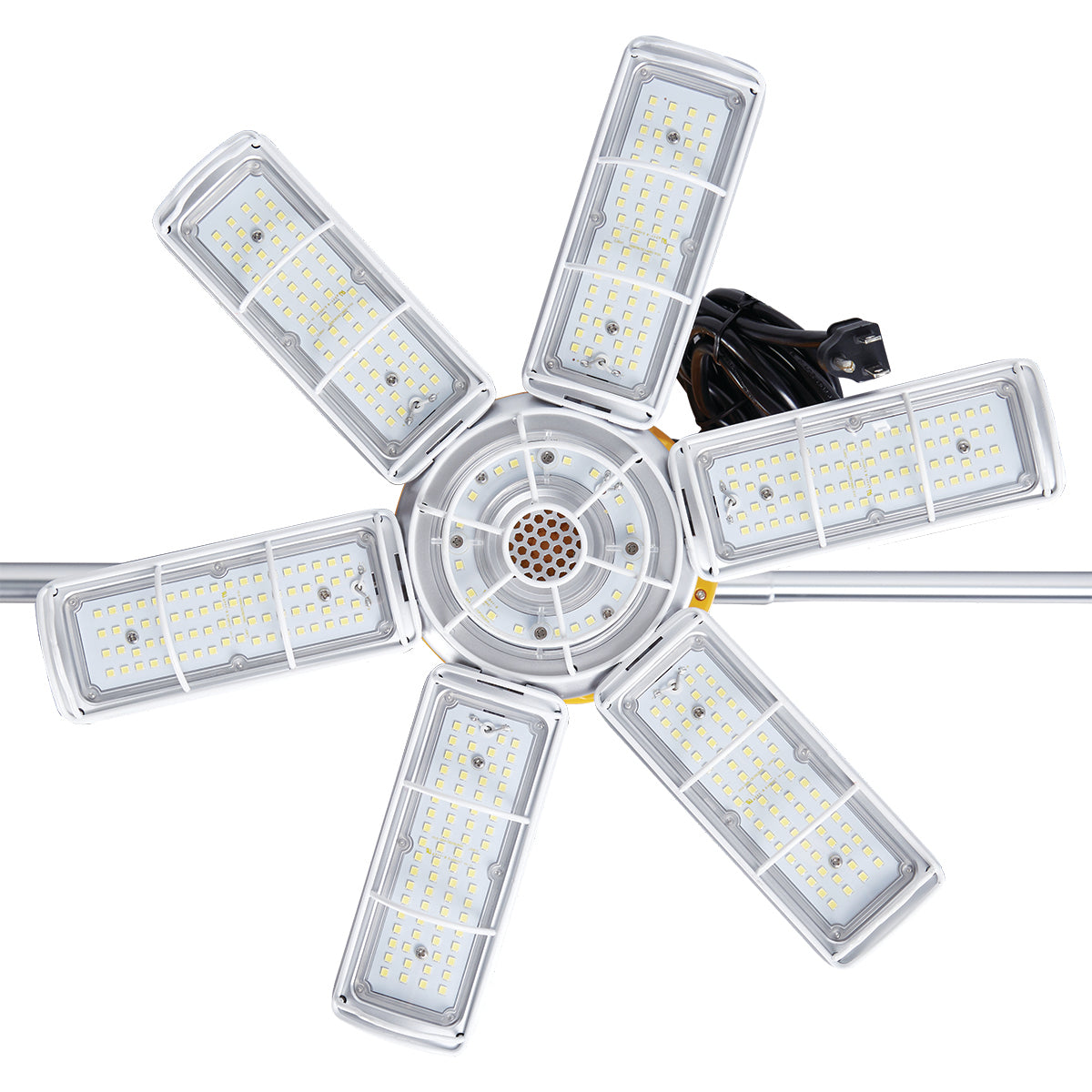 Ceiling fan with multiple blades on a white background