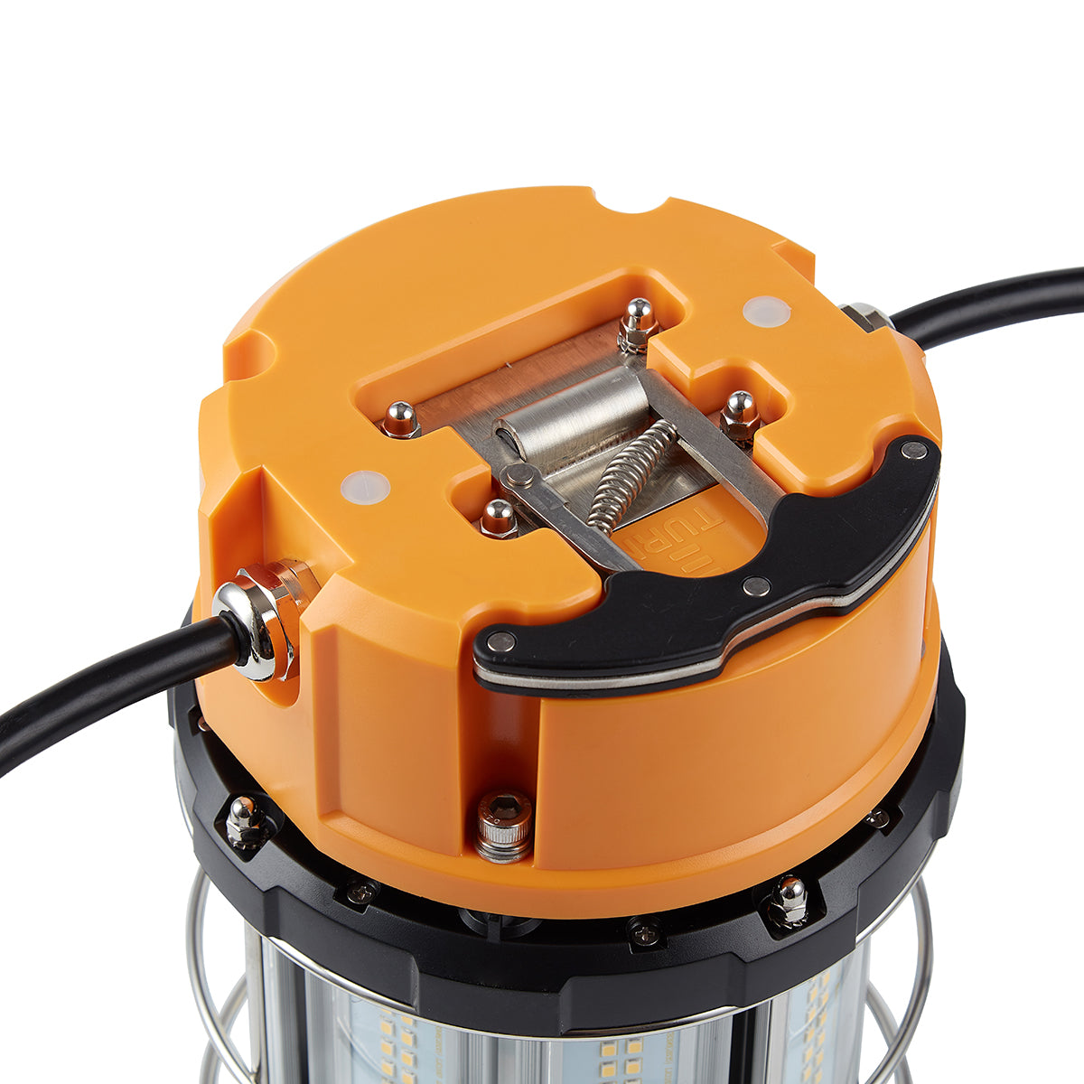 Close-up of an orange and black industrial component on a white background