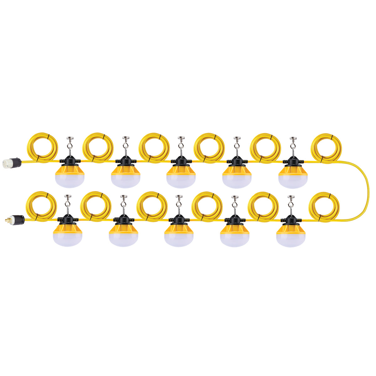 A yellow and black LED light fixture with a locking mechanism, hanging against a black background.