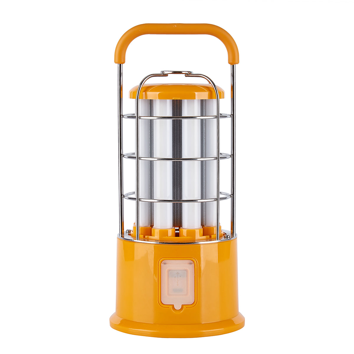 Orange camping lantern with metal stand on a white background