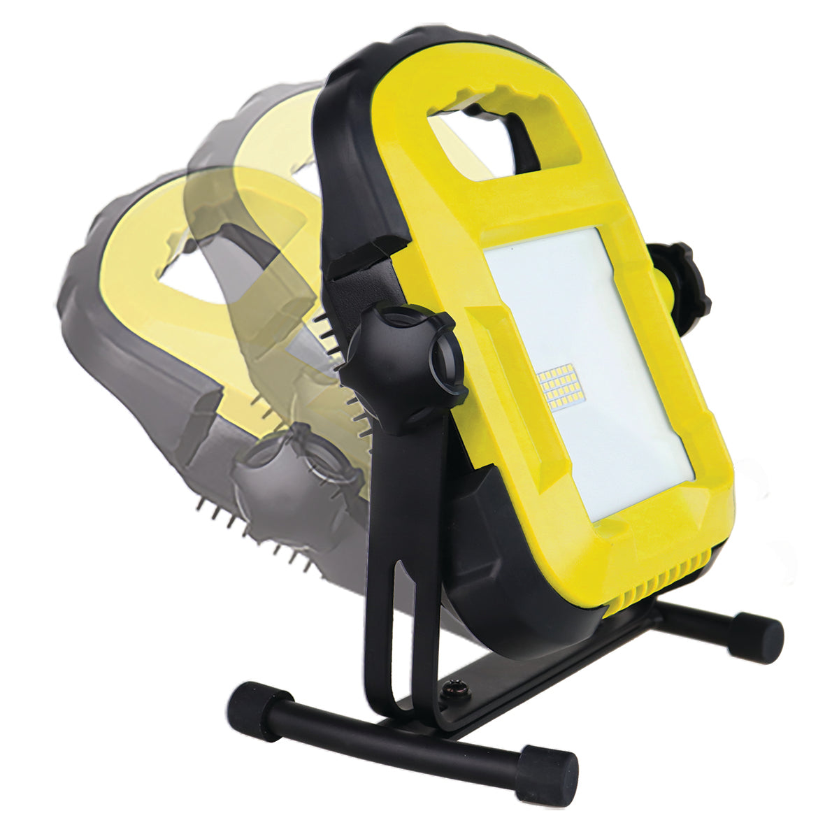 Yellow and black work light on a stand with a white background
