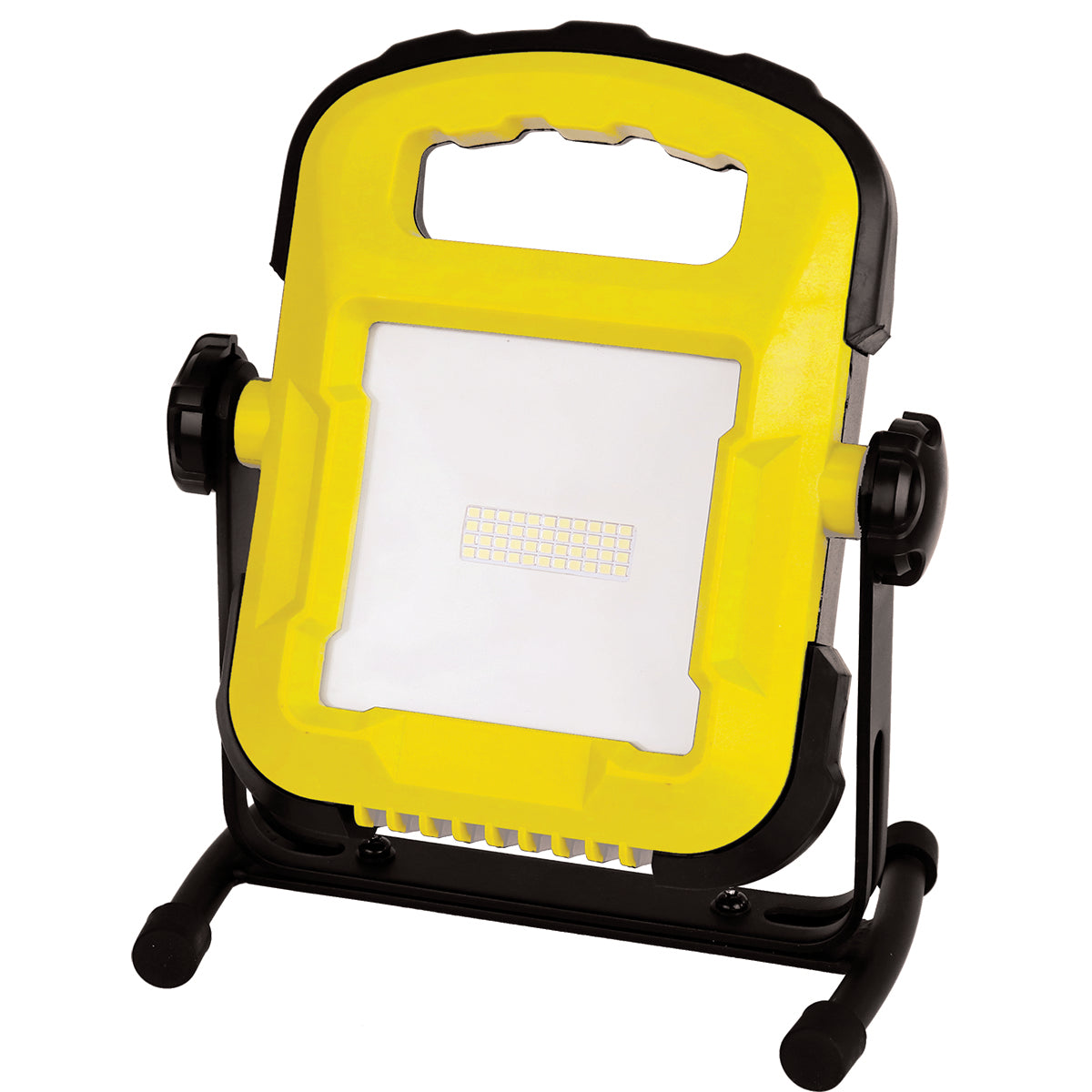 Yellow and black portable work light on a white background