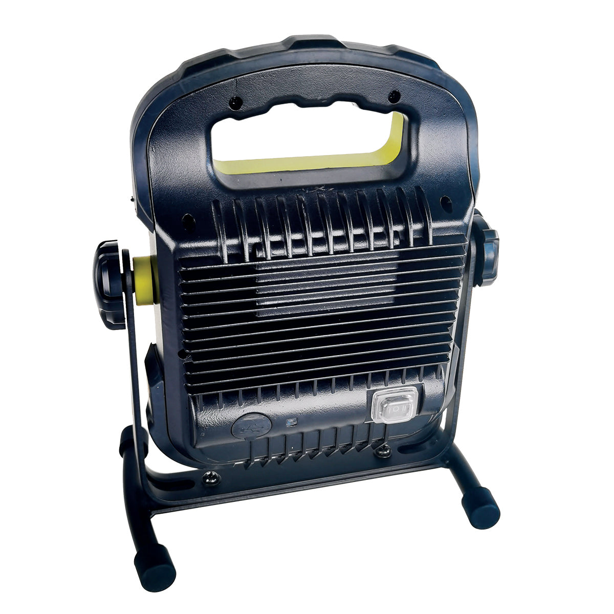 Portable work light with a blue casing on a white background