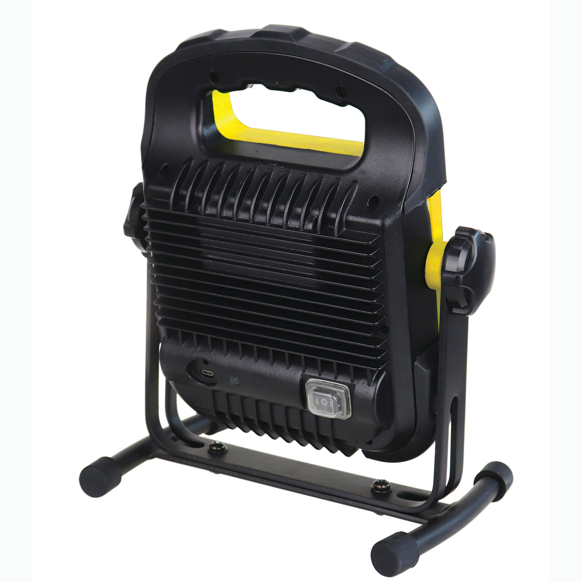 Black and yellow portable work light on a white background