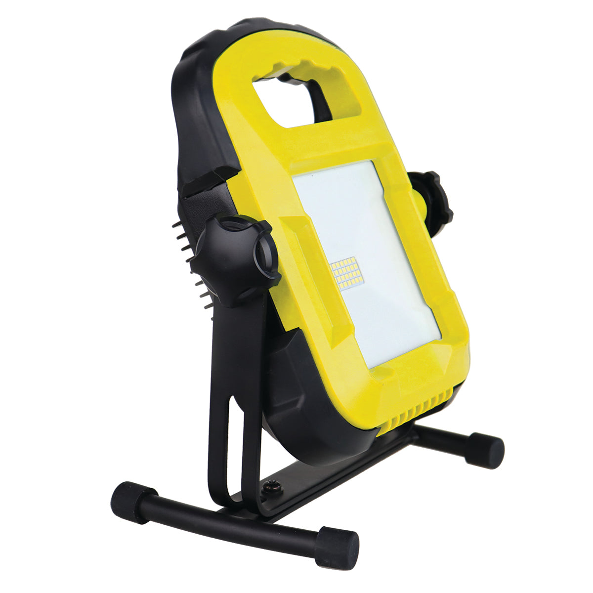 Yellow and black portable work light on a white background