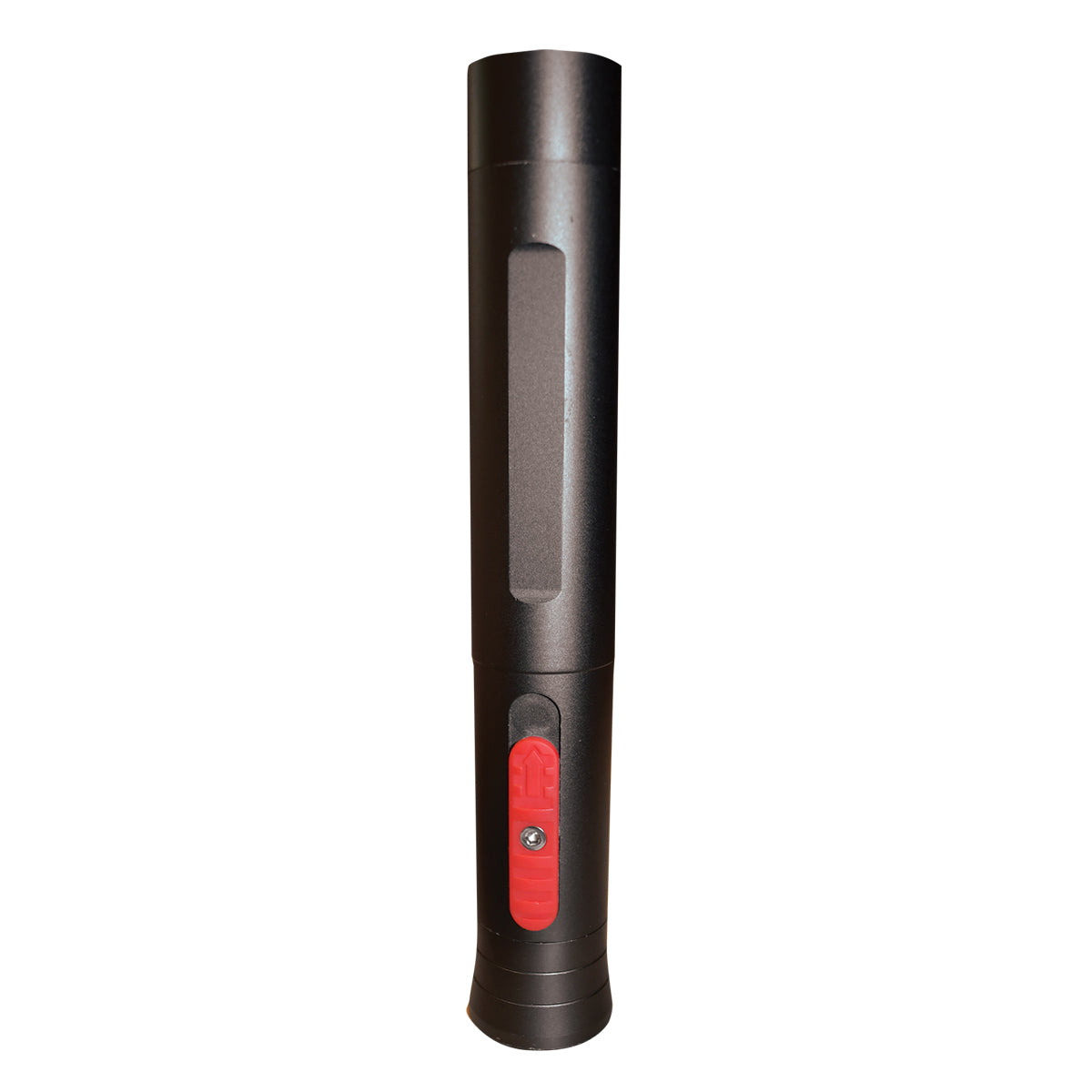 Black flashlight with a red button on a white background