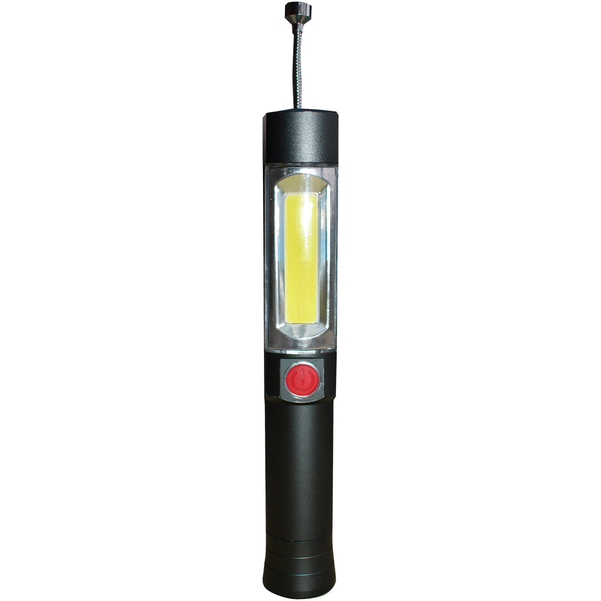 Black handheld flashlight with a red button on a white background