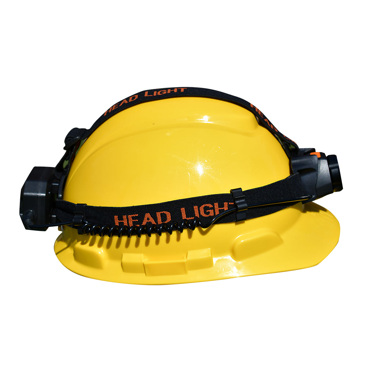 Yellow hard hat with a black headlight on a white background