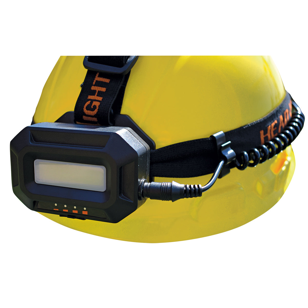 Yellow hard hat with a black headlamp on a white background