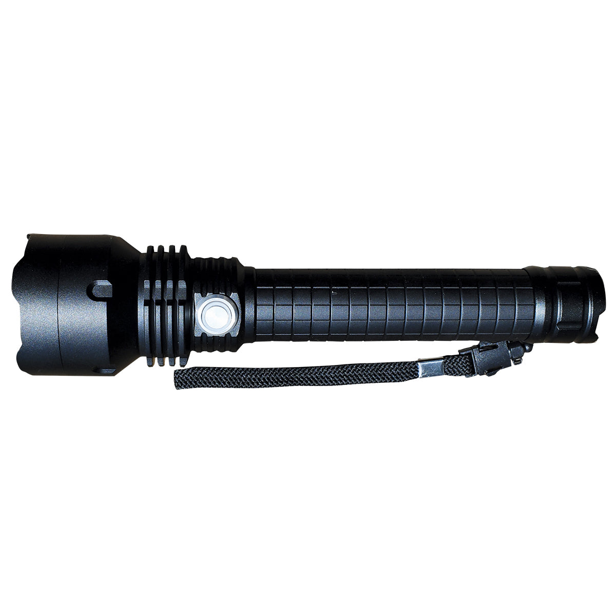 Black flashlight with a strap on a white background