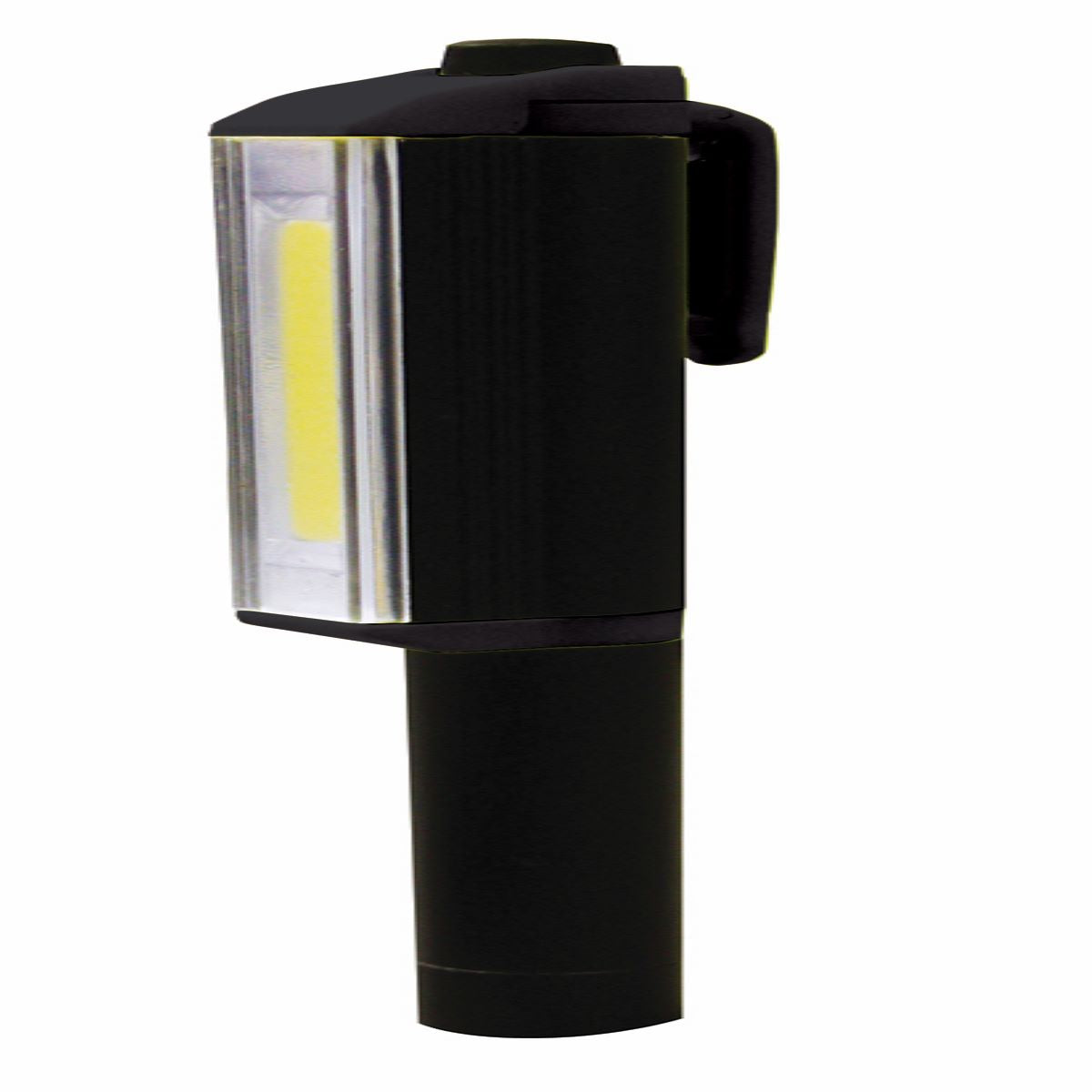 Black flashlight with a visible light beam on a white background