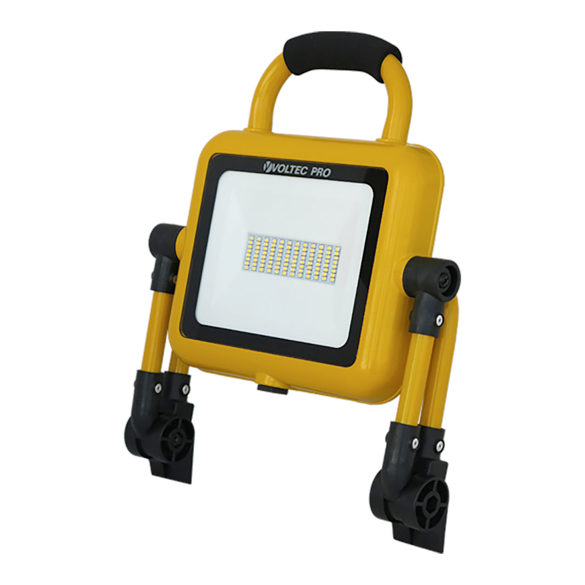 A yellow and black Voltec Pro USB AC LED work light with a compact folding design and a visible LED panel.