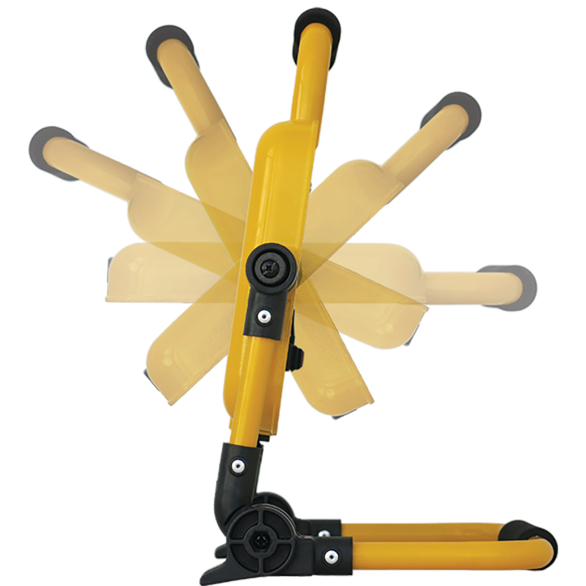 A yellow and black Voltec Pro USB AC LED work light with a compact folding design and a visible LED panel.