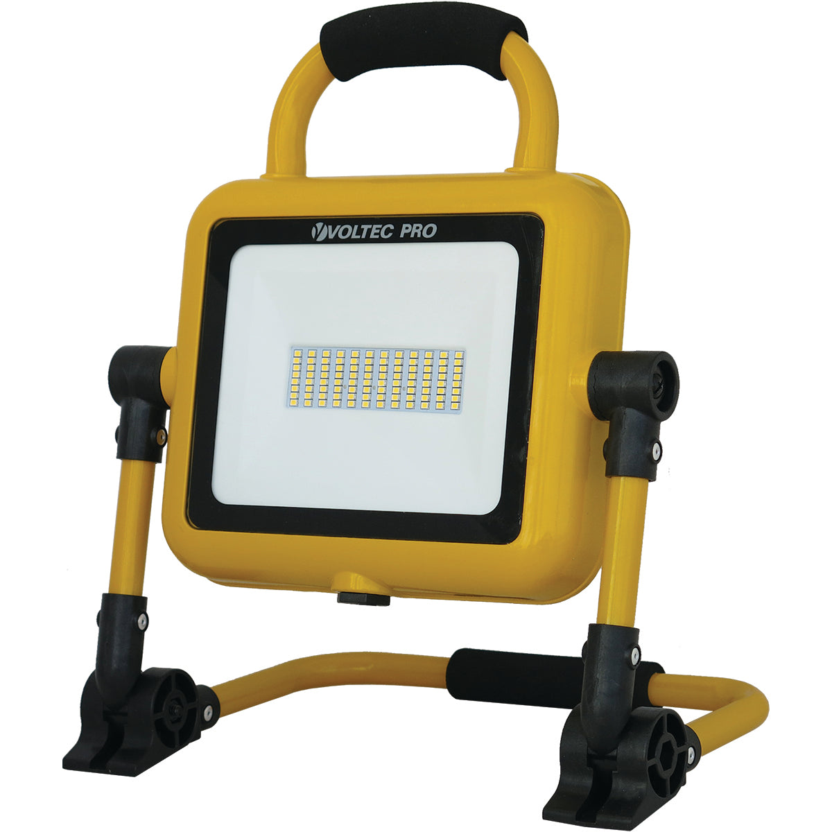 A yellow and black Voltec Pro USB AC LED work light with a compact folding design and a visible LED panel.