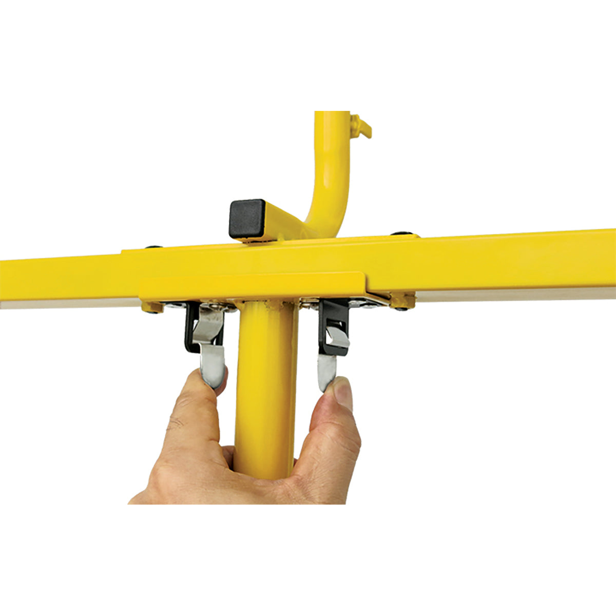 Yellow metal frame with a hand holding it on a white background