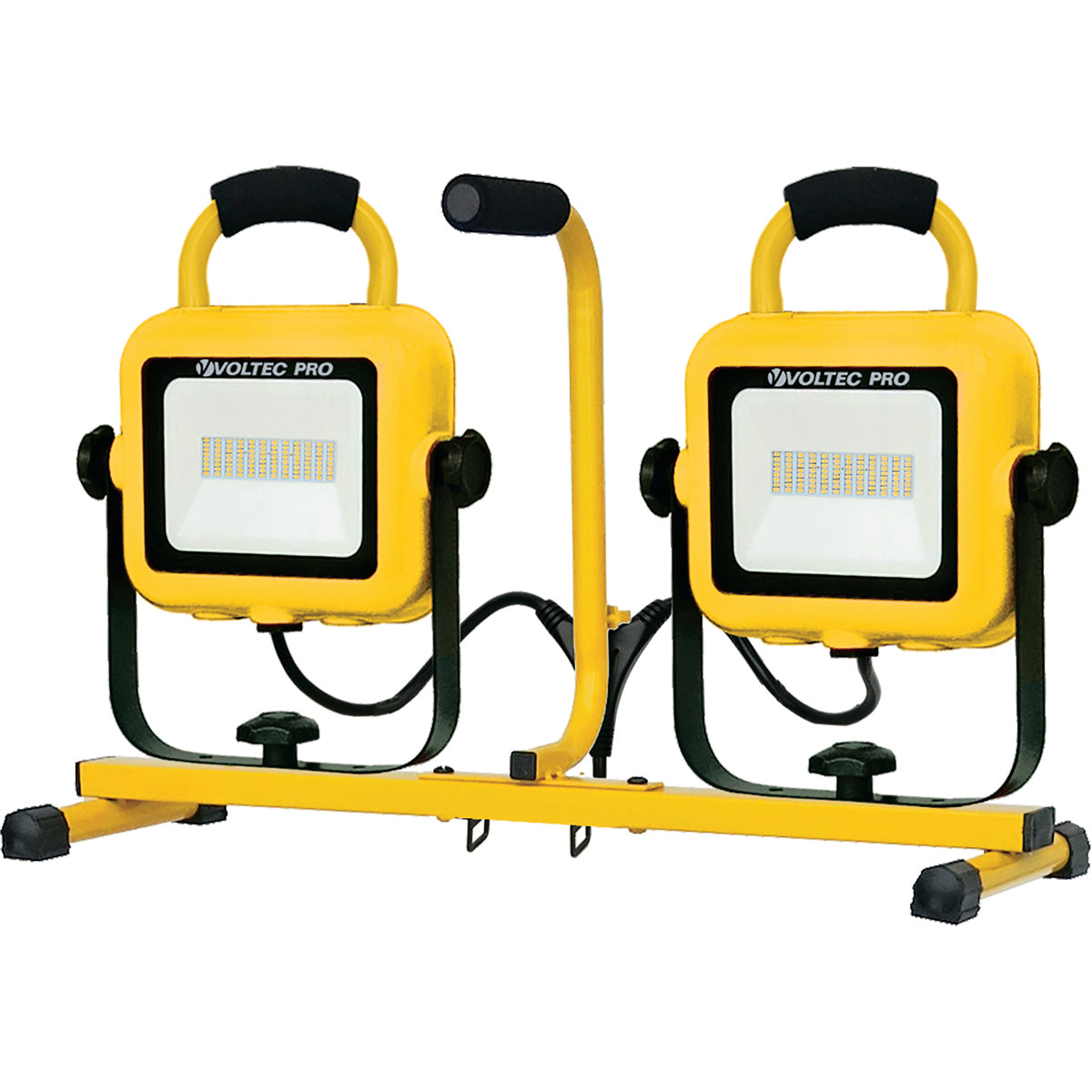 Two yellow VOLTEC PRO work lights on a stand with visible branding.