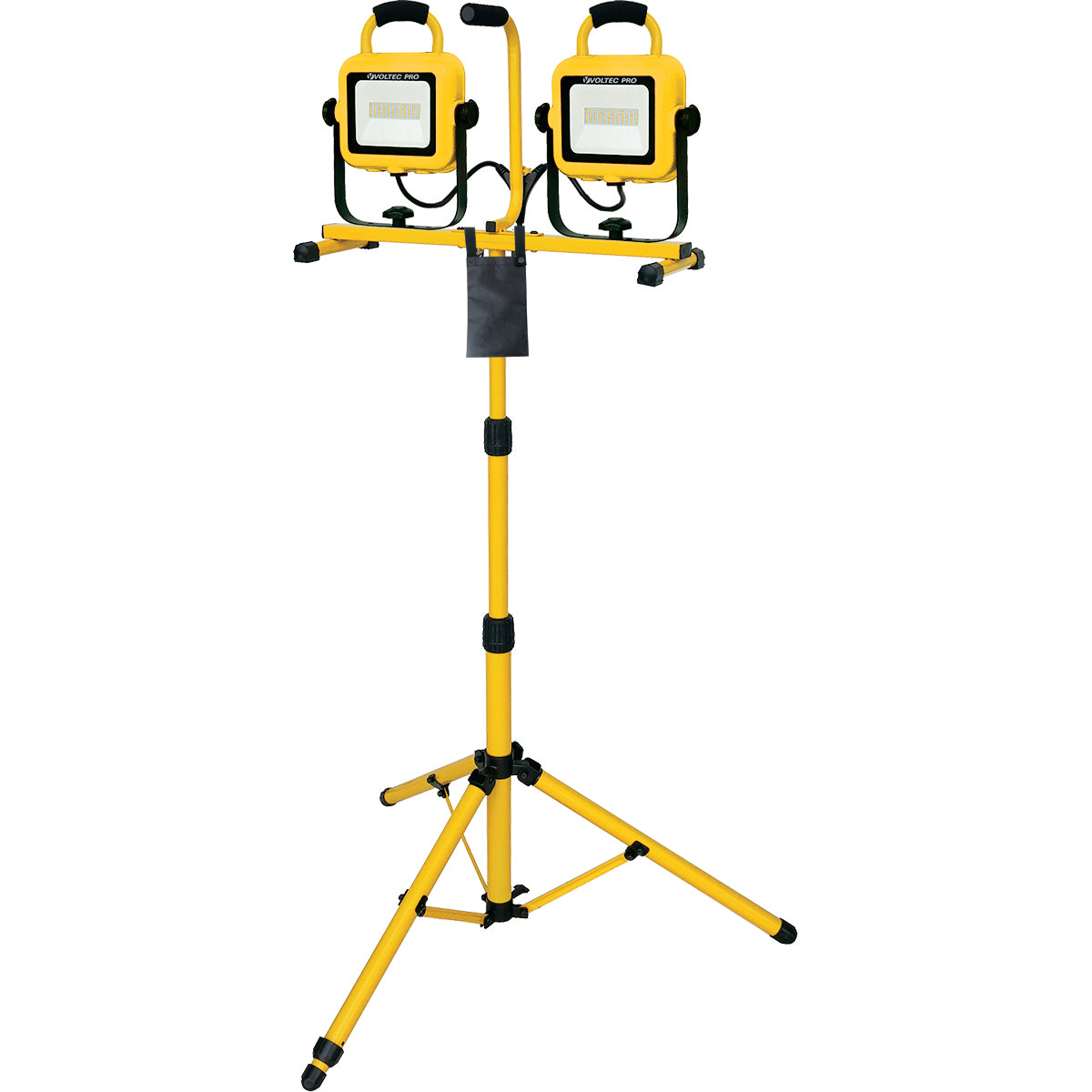 Yellow work light stand with two lights on a white background