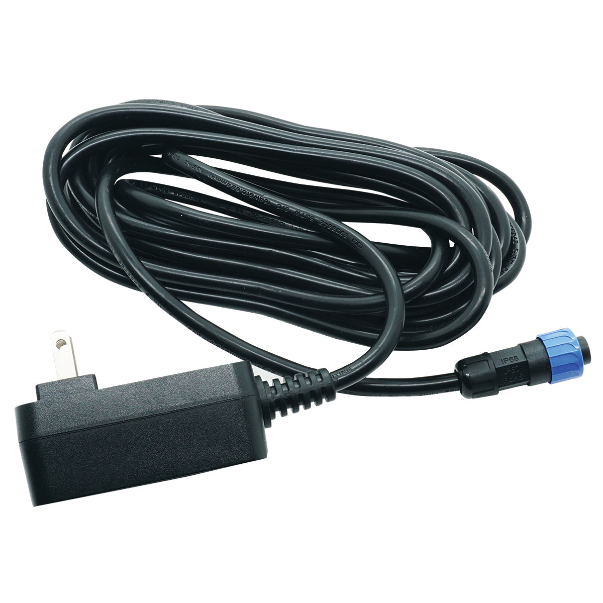 Coiled black extension cable with plug on a white background