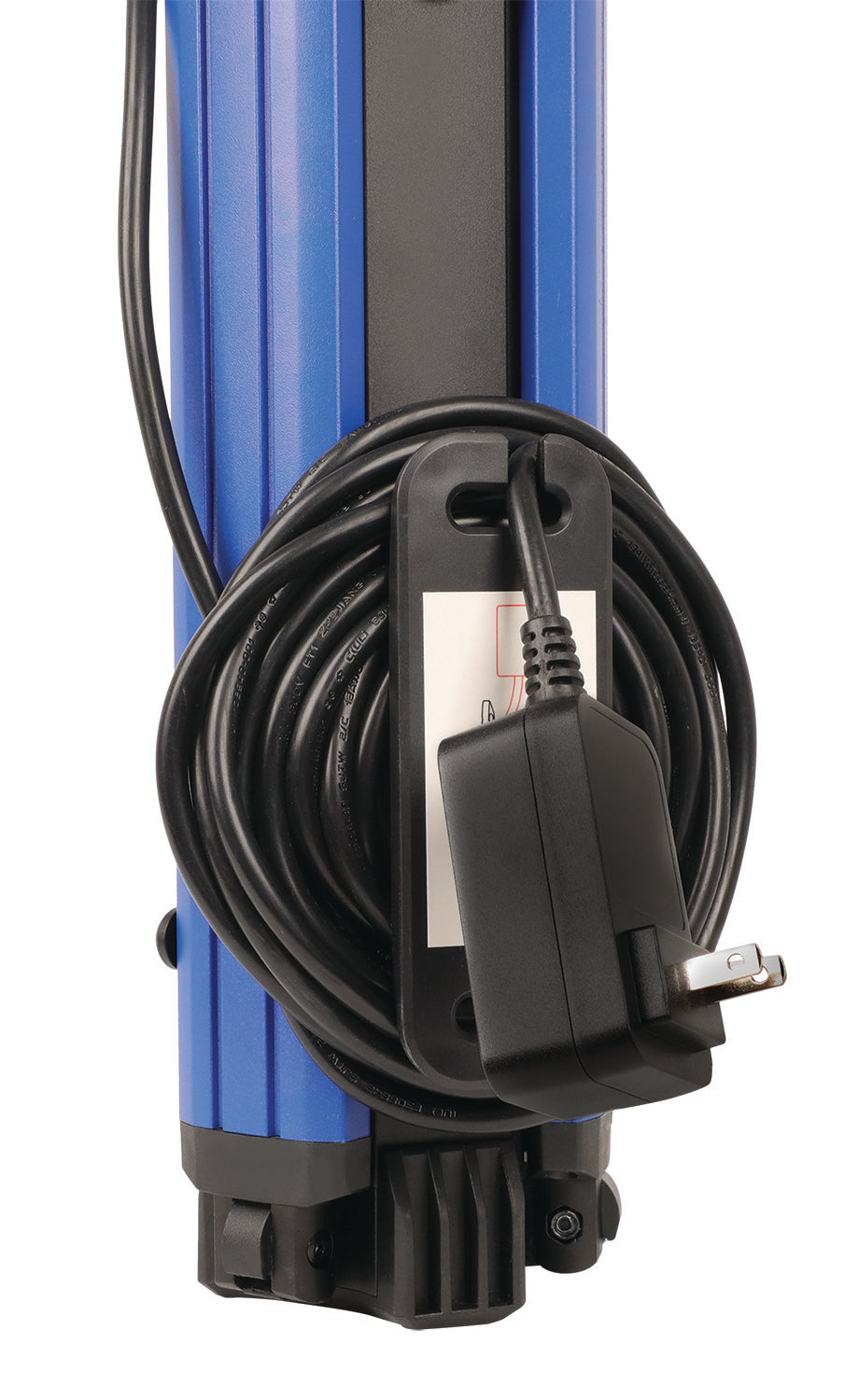 Blue and black electronic device with power cord on a white background