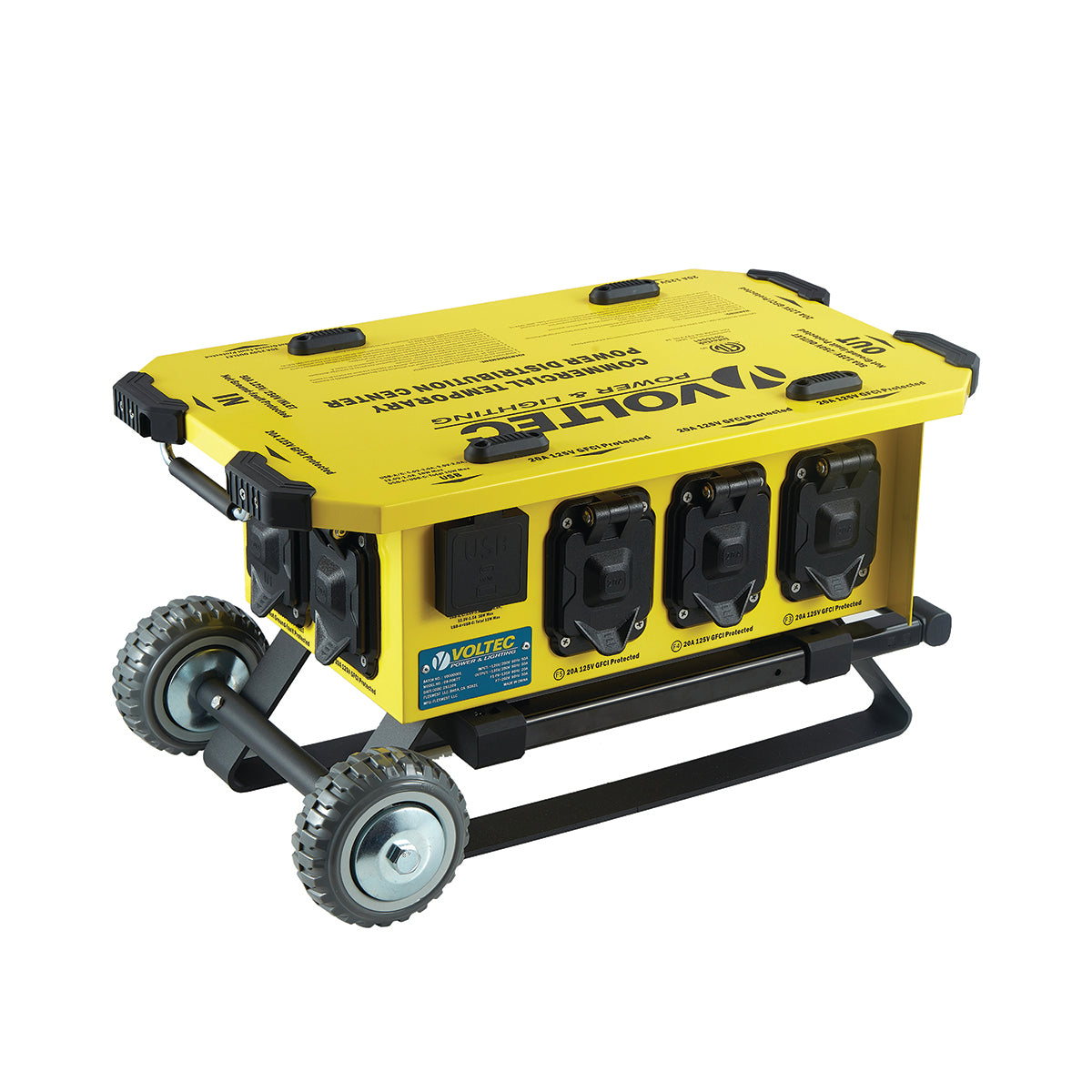Voltec 6 GFCI Temporary Power Box with U-Ground T-Slot Outlets and Built in Wheel Base – Portable Jobsite Power Distribution