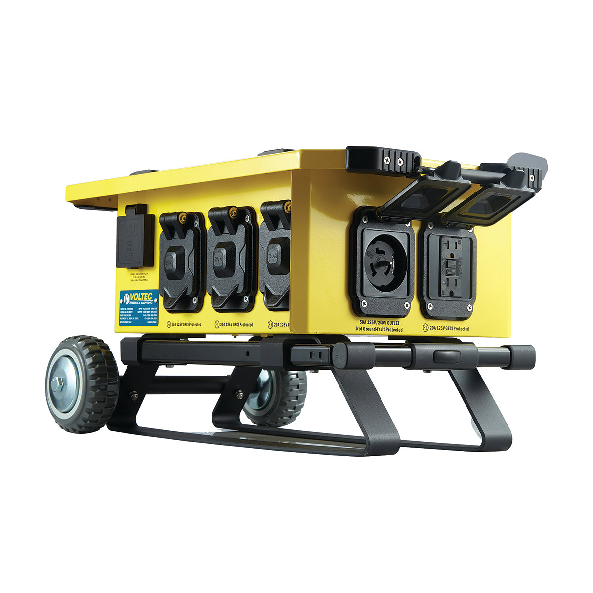 Voltec 6 GFCI Temporary Power Box with U-Ground T-Slot Outlets and Built in Wheel Base – Portable Jobsite Power Distribution