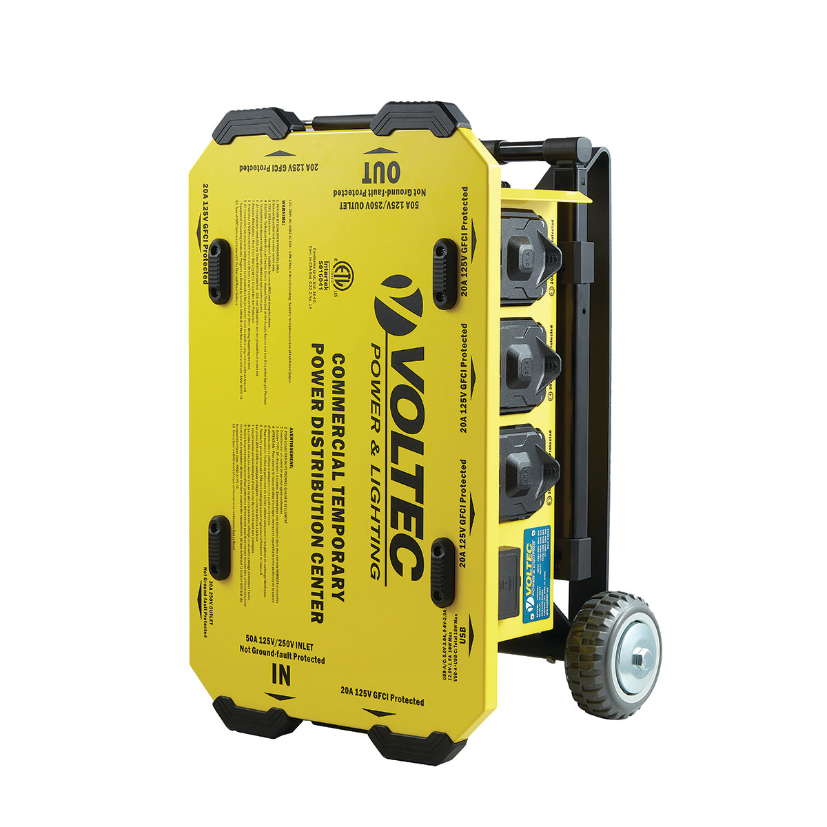 Voltec 6 GFCI Temporary Power Box with U-Ground T-Slot Outlets and Built in Wheel Base – Portable Jobsite Power Distribution