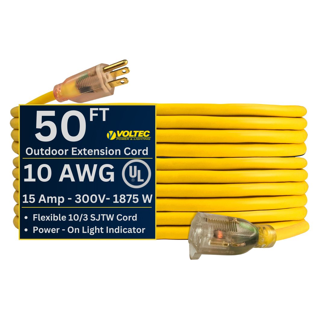 Voltec 10/3 Heavy-Duty Yellow Extension Cords with Lighted Plug – High-Visibility, Flexible Vinyl Jacket, SJTW