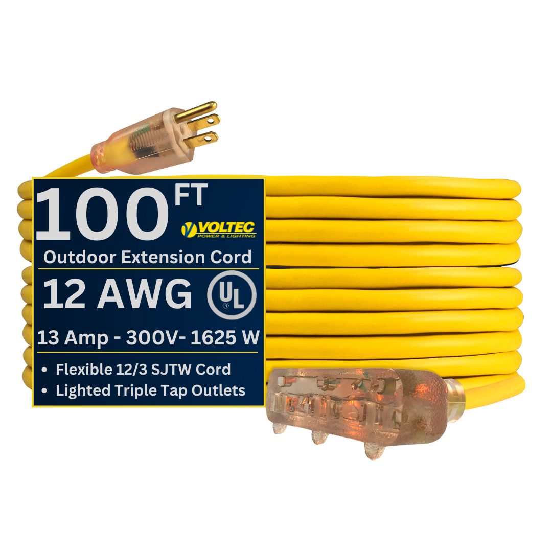 Yellow extension cord with Voltec branding on a white background