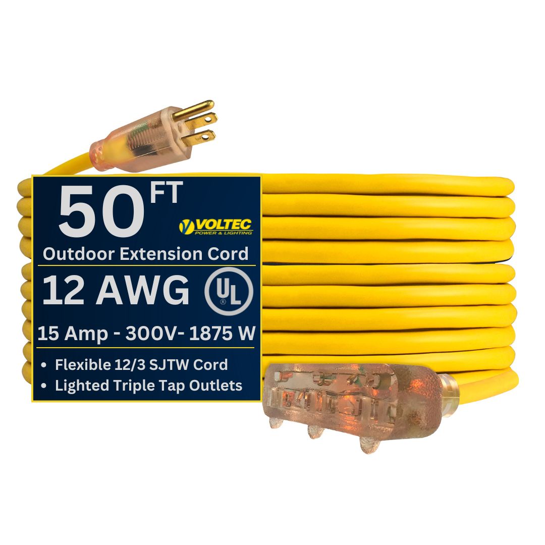 Yellow extension cord with Voltec branding on a white background