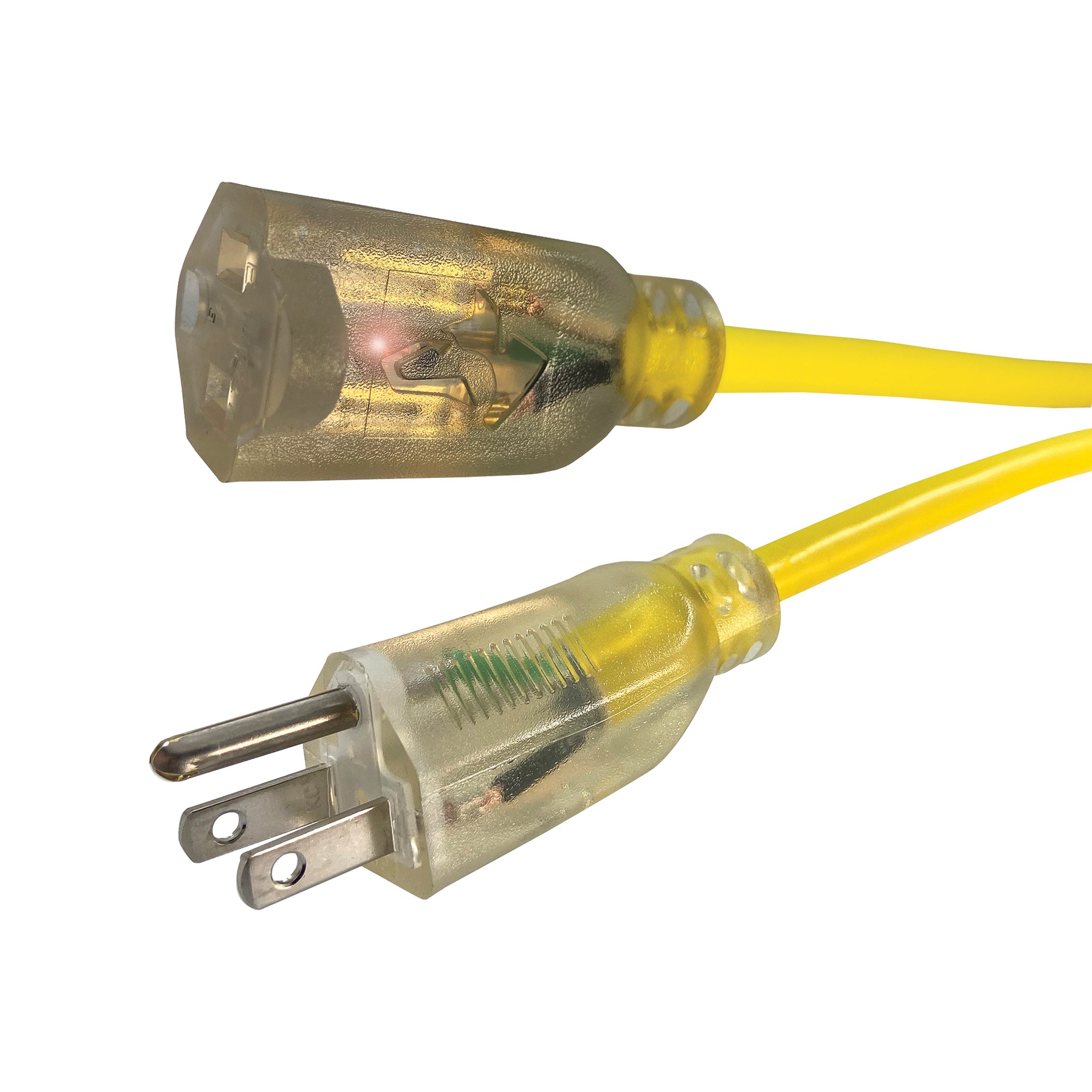 Clear electrical plug with yellow cord on a white background