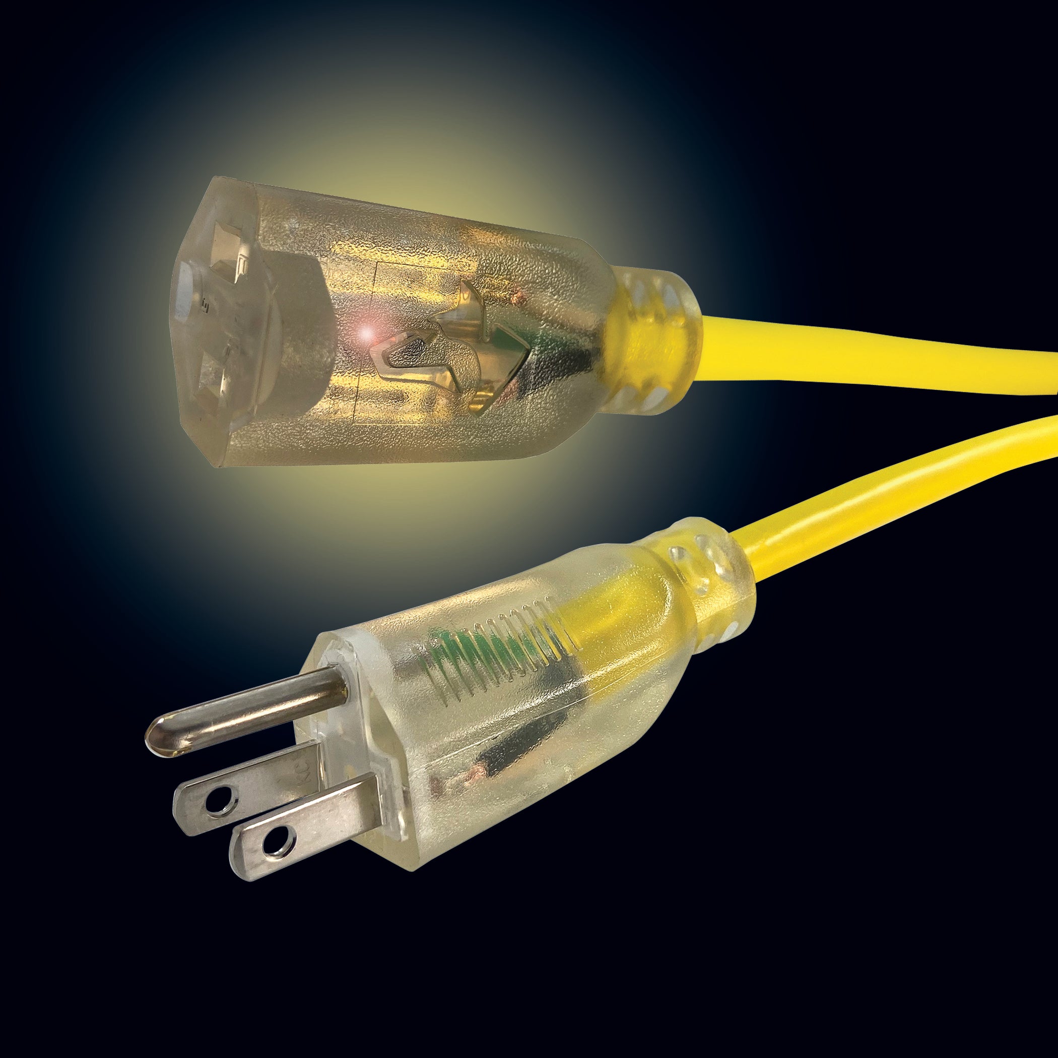 Two clear electrical plugs with yellow cords on a black background