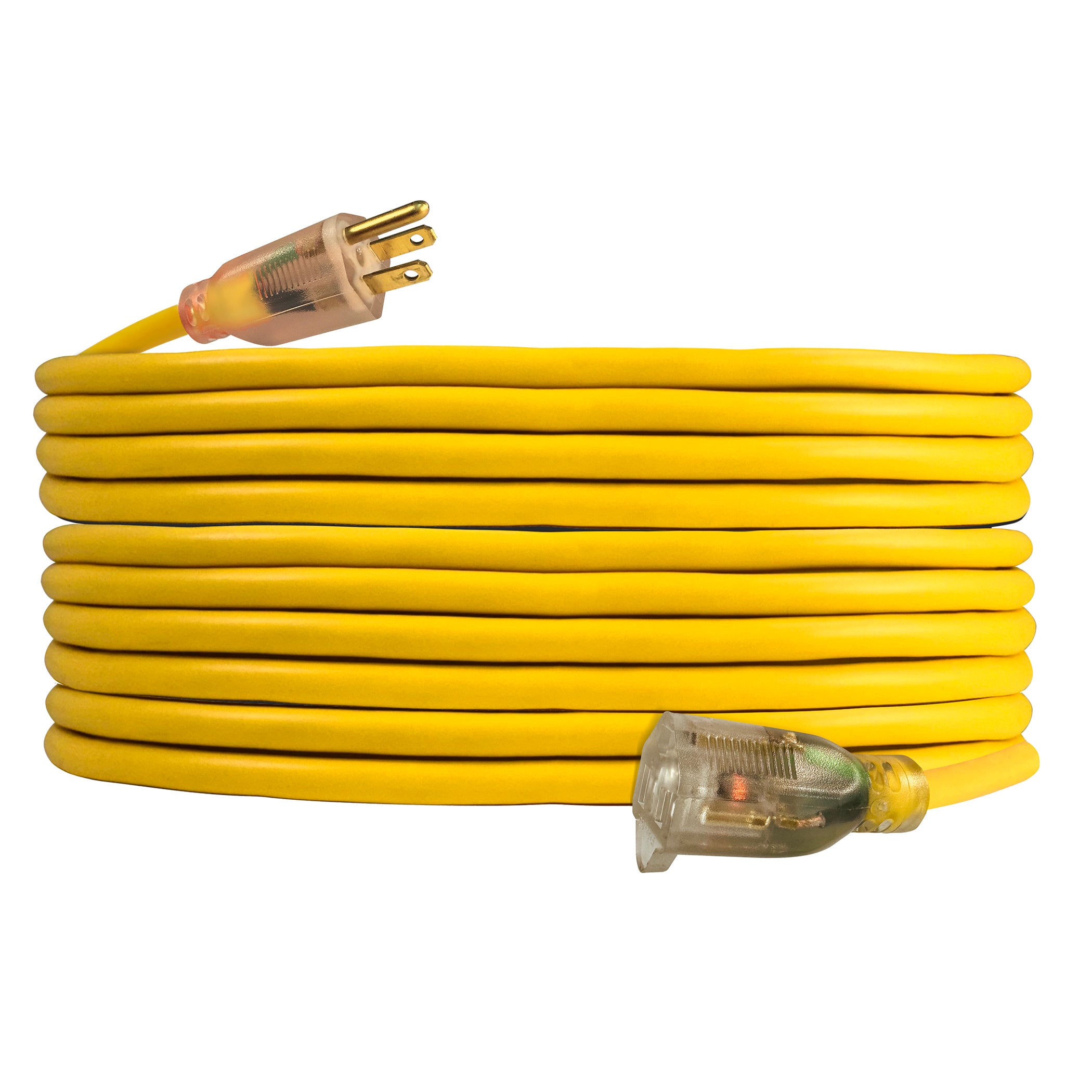 Yellow extension cord with clear plug on a white background