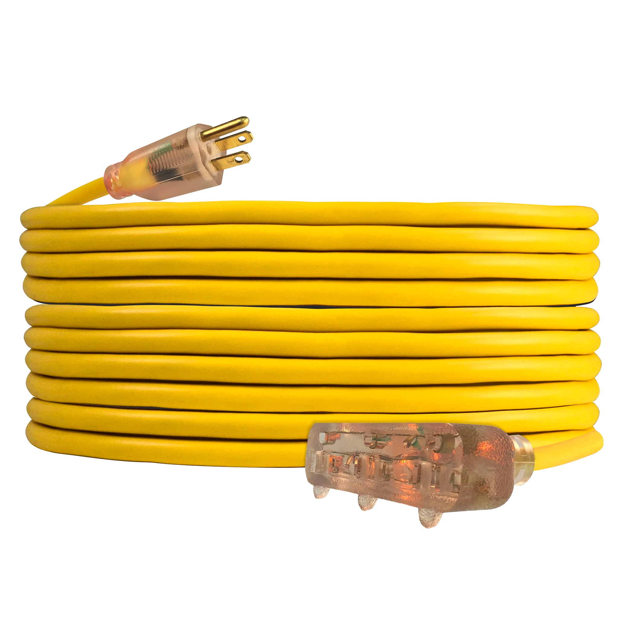 Coiled yellow extension cord with clear plugs on a white background