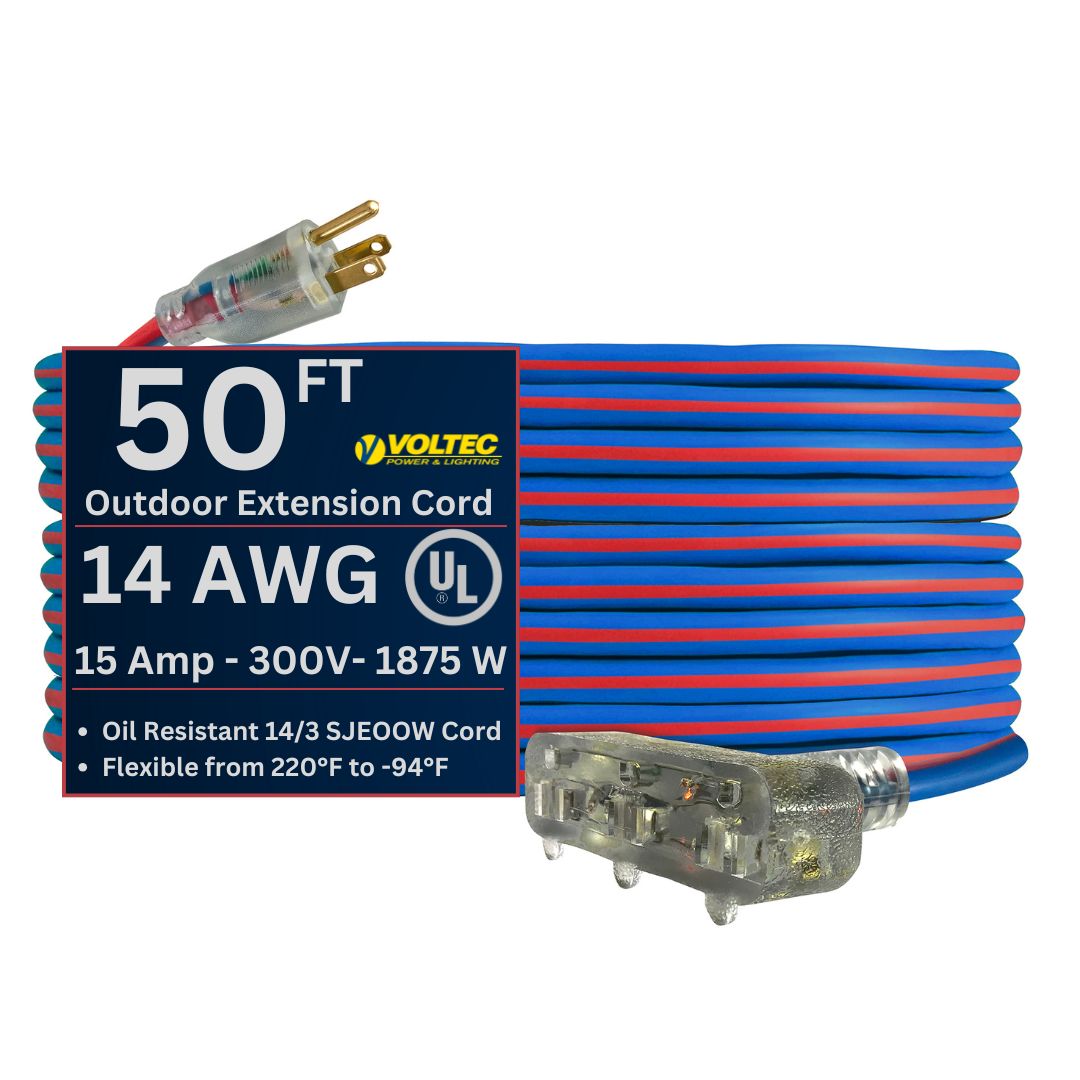 Voltec 14/3 Gauge Extreme Cold Weather Triple Tap Extension Cords – Heavy-Duty, 220°F to - 94°F Rating, Lighted Plug, SJEOOW