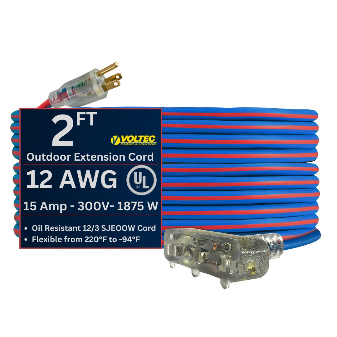 Voltec 12/3 Gauge Extreme Cold Weather Triple Tap Extension Cords – Heavy-Duty, 220°F to - 94°F Rating, Lighted Plug, SJEOOW