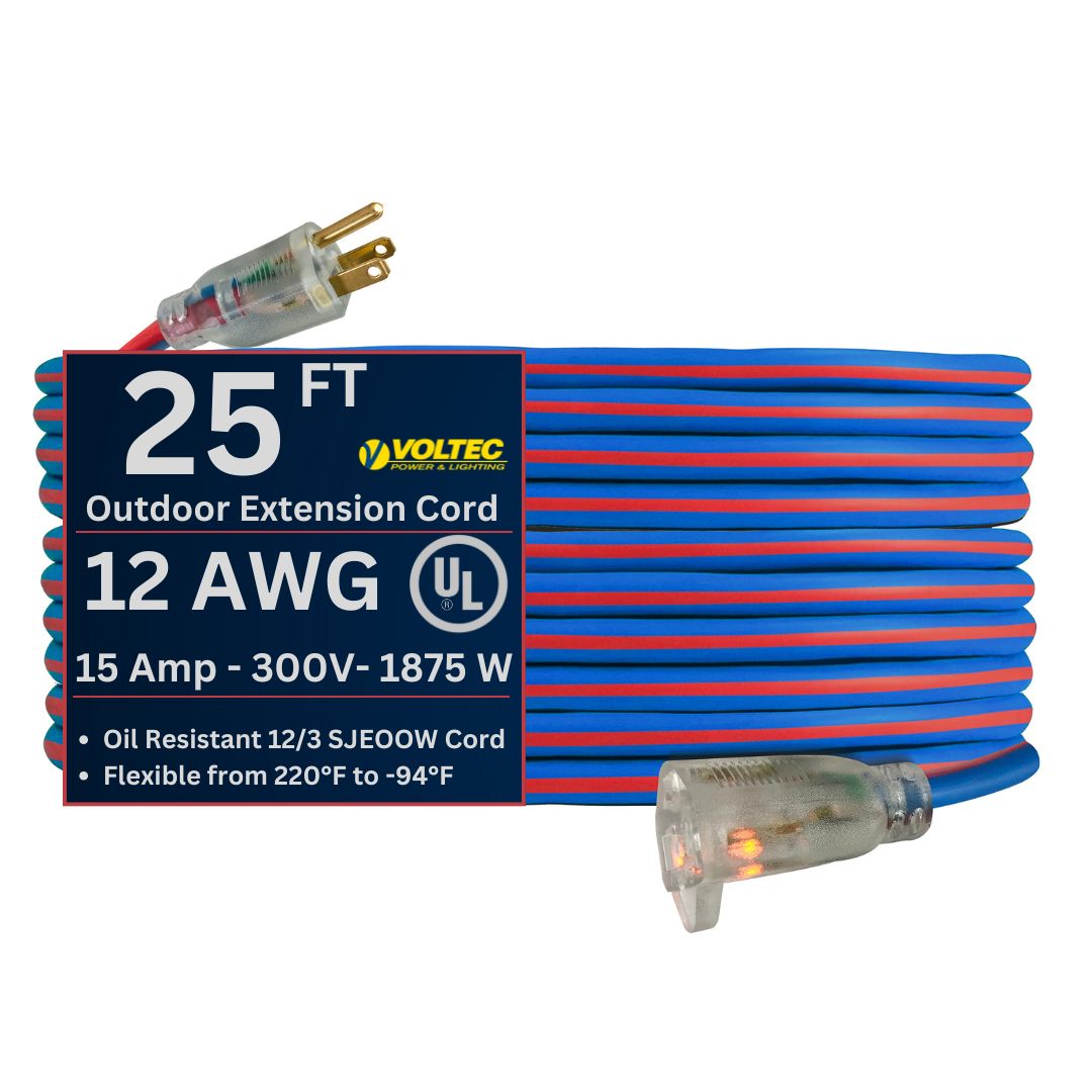 Voltec 12/3 Gauge Extreme Cold Weather Extension Cords – Heavy-Duty, 220°F to - 94°F Rating, Lighted Plug, SJEOOW