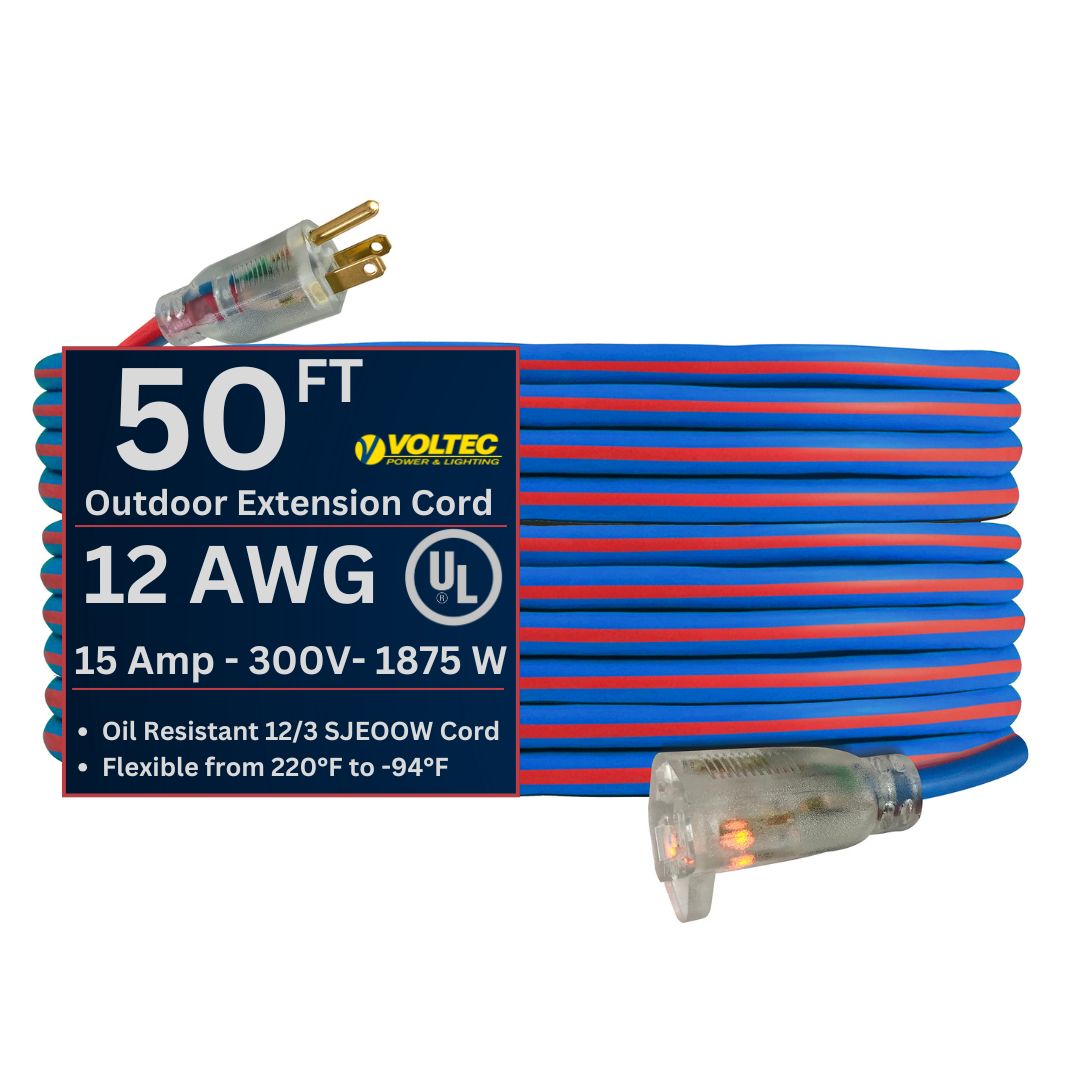 Voltec 12/3 Gauge Extreme Cold Weather Extension Cords – Heavy-Duty, 220°F to - 94°F Rating, Lighted Plug, SJEOOW