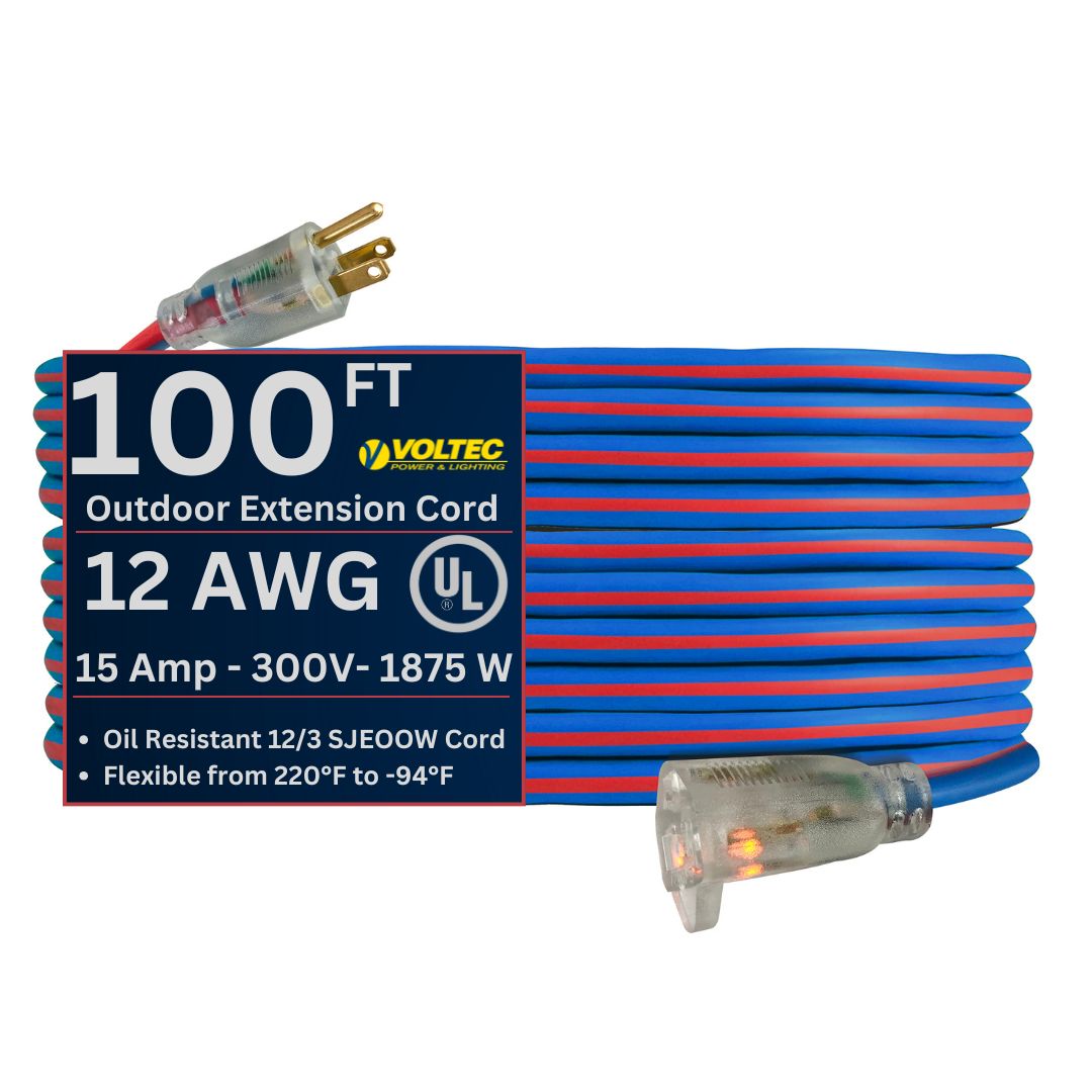 Voltec 12/3 Gauge Extreme Cold Weather Extension Cords – Heavy-Duty, 220°F to - 94°F Rating, Lighted Plug, SJEOOW