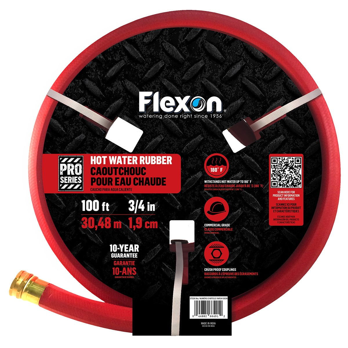 Red hot water rubber hose with Flexon branding on a white background
