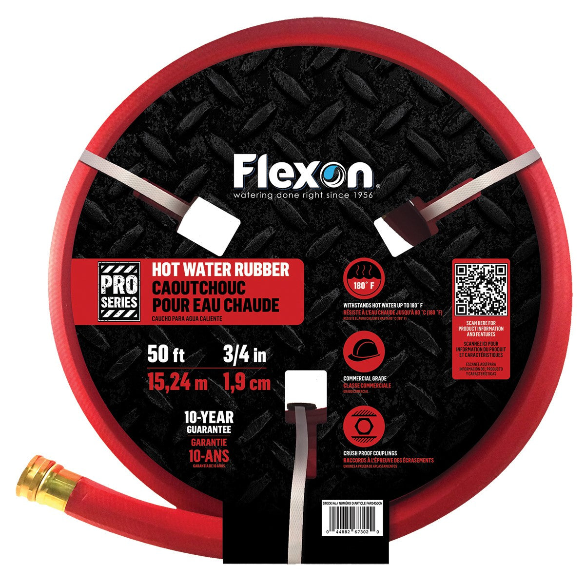 A coiled red hot water rubber hose with Flexon branding and specifications listed on the label, including 3/4 inch diameter and 10 years warranty.